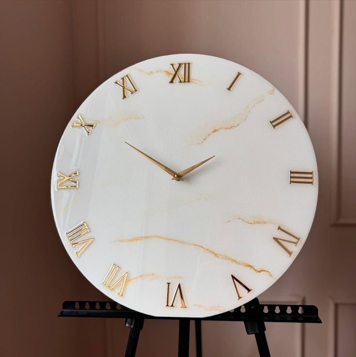Handcrafted White Marble Resin Wall Clock with Golden Veins & 3D Roman Numerals
