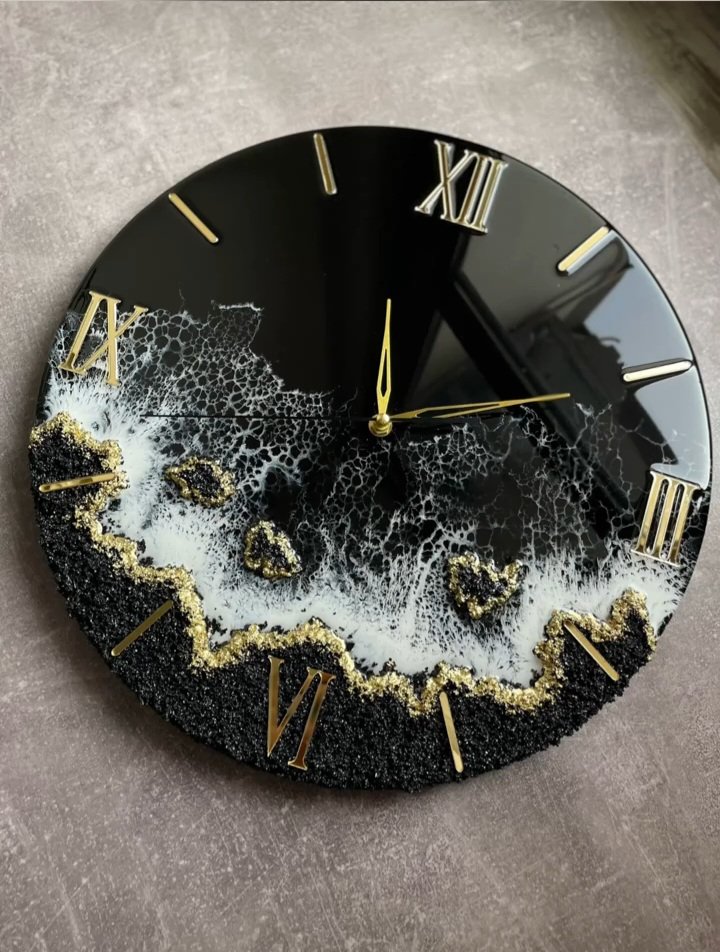 Luxury Black Geode Resin Wall Clock with 3D Texture & Golden Needles