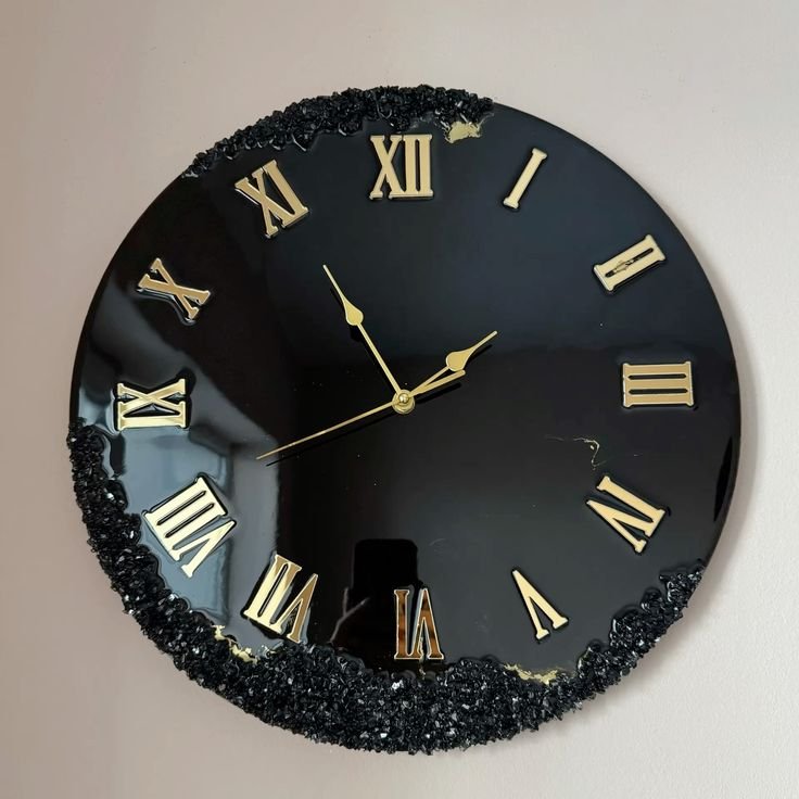 Luxury Glossy Black & Gold Geode Resin Wall Clock with Roman Numerals