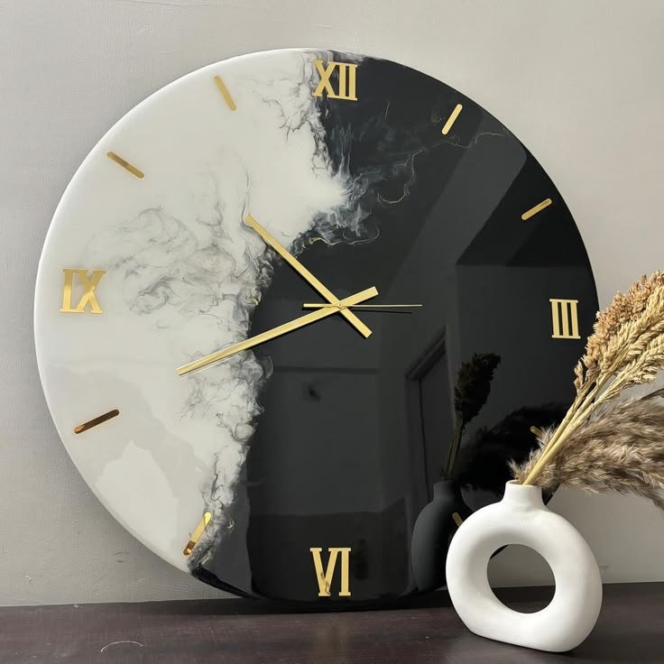 Modern Black & White Marble Effect Epoxy Resin Wall Clock with Gold Roman Accents
