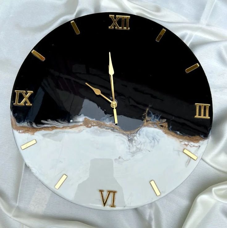 Premium Resin Geode Wall Clock (Black, White & Gold Accent) for Living Room, Office & Gifting